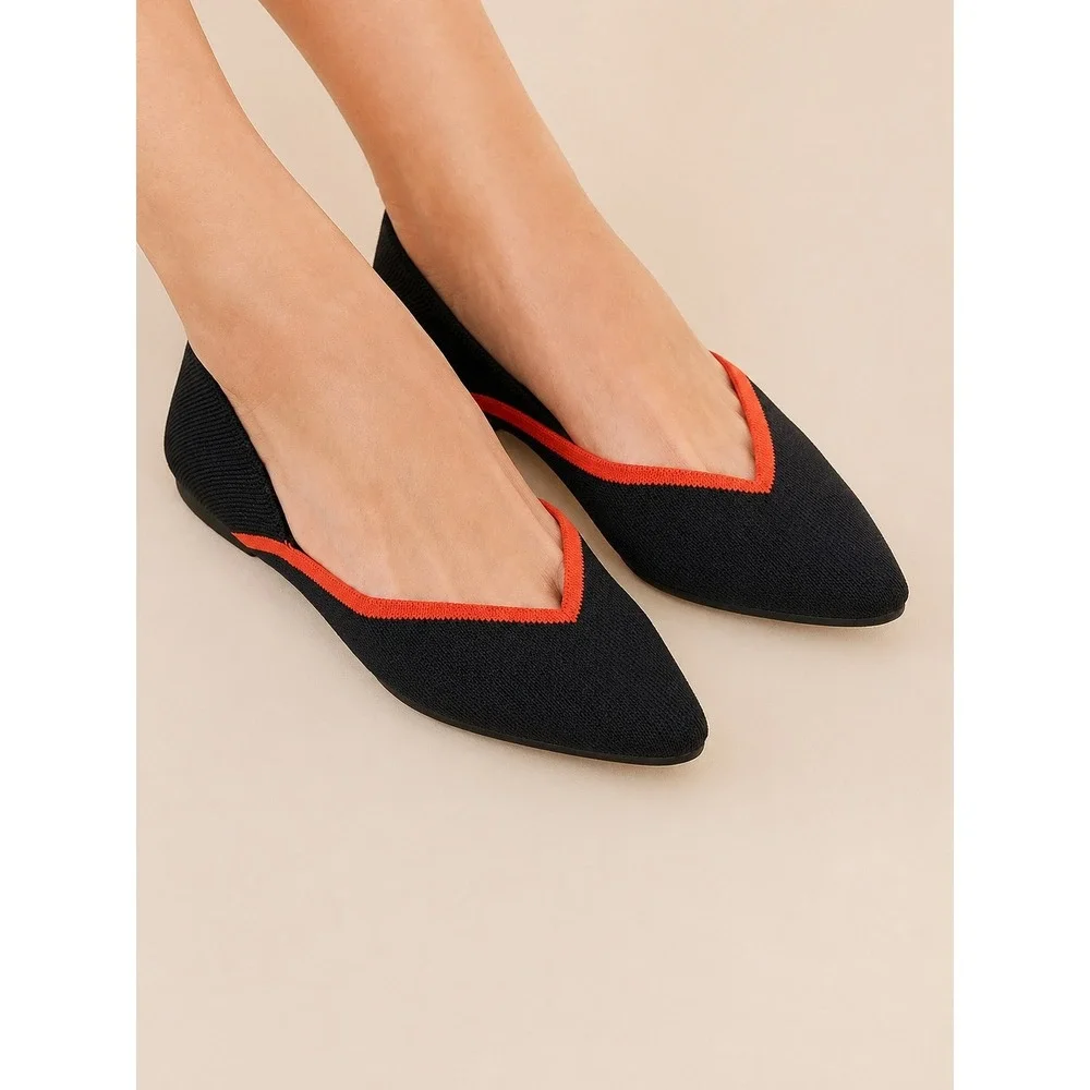 VIVAIA Chic Black Knit Pointed Flats with Bold Orange V-Cut Trim EU/35.5‎ US/5.5